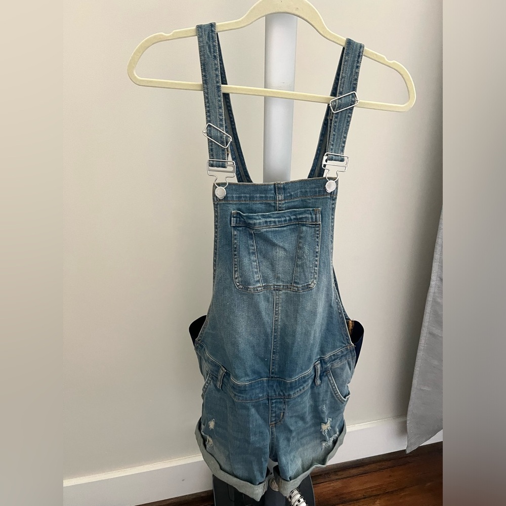 Indigo Blue Maternity Side Panel Destructed Shortalls, XS